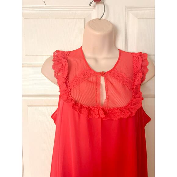 Vintage Shadowline Nylon Nightgown M Medium Red Sleeveless Silky Lace Sweep - Picture 3 of 16
